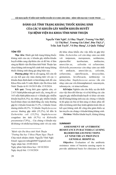 Đánh giá tình trạng kháng thuốc kháng sinh của các vi khuẩn gây nhiễm khuẩn huyết tại Bệnh viện Đa khoa tỉnh Ninh Thuận