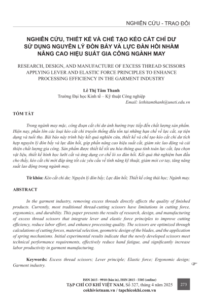 Nghiên cứu, thiết kế và chế tạo kéo cắt chỉ dư sử dụng nguyên lý đòn bẩy và lực đàn hồi nhằm nâng cao hiệu suất gia công ngành may