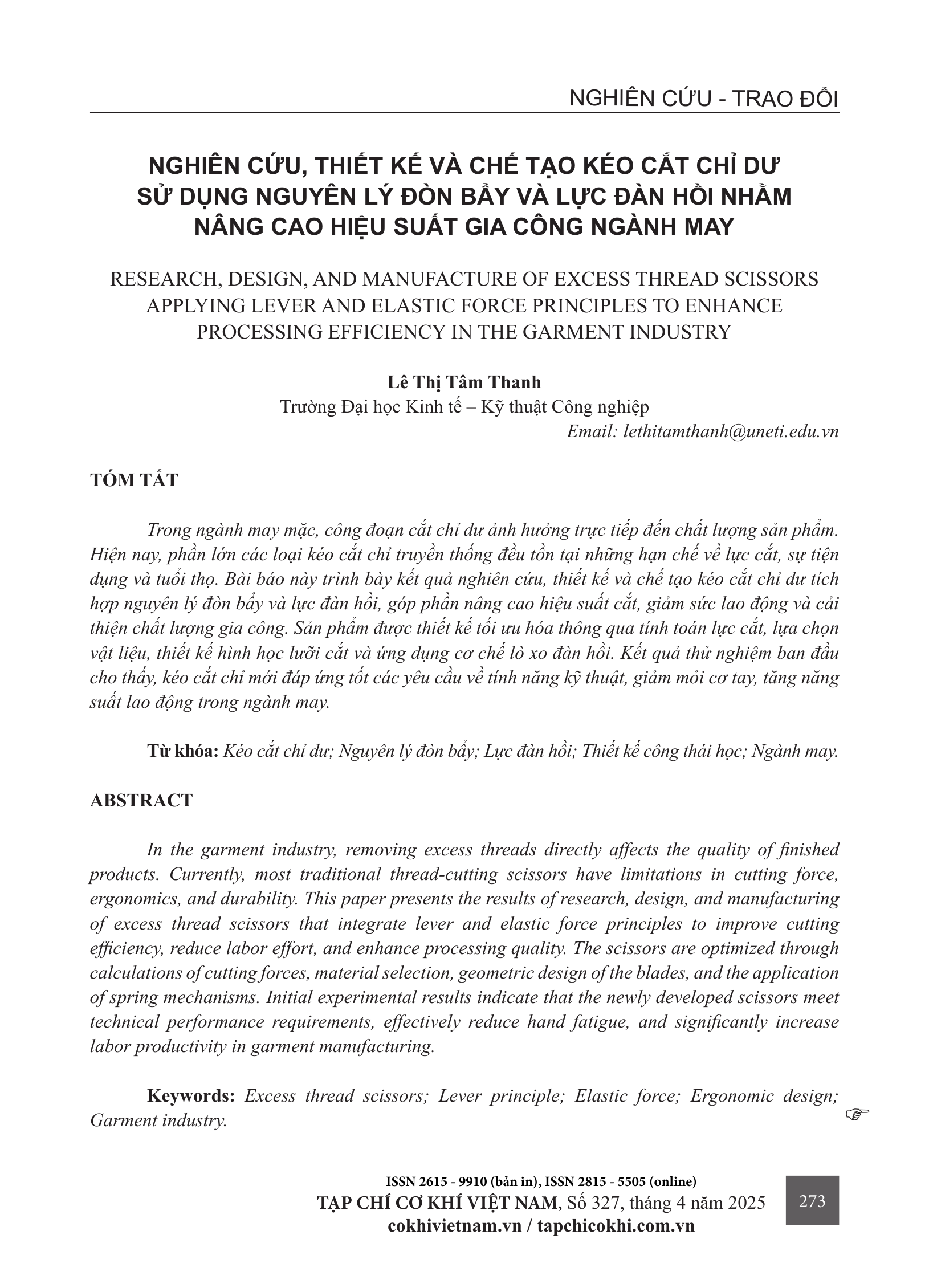 Nghiên cứu, thiết kế và chế tạo kéo cắt chỉ dư sử dụng nguyên lý đòn bẩy và lực đàn hồi nhằm nâng cao hiệu suất gia công ngành may
