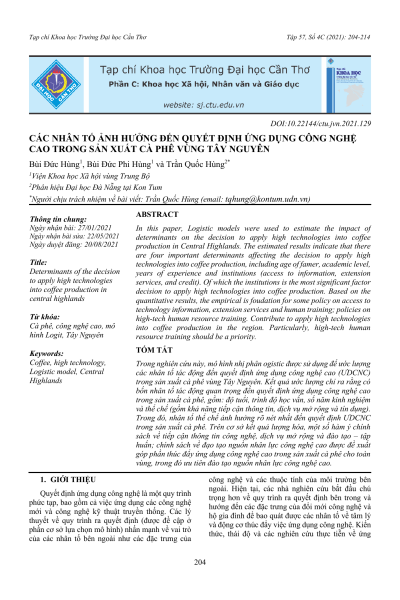 Các nhân tố ảnh hưởng đến quyết định ứng dụng công nghệ cao trong sản xuất cà phê vùng Tây Nguyên