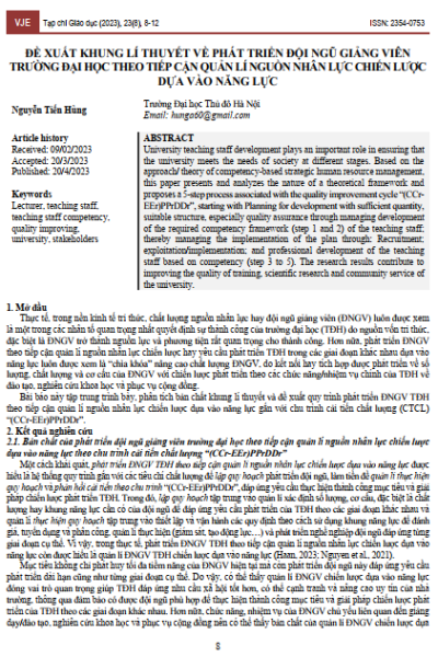 Đề xuất khung lí thuyết về phát triển đội ngũ giảng viên trường đại học theo tiếp cận quản lí nguồn nhân lực chiến lược dựa vào năng lực