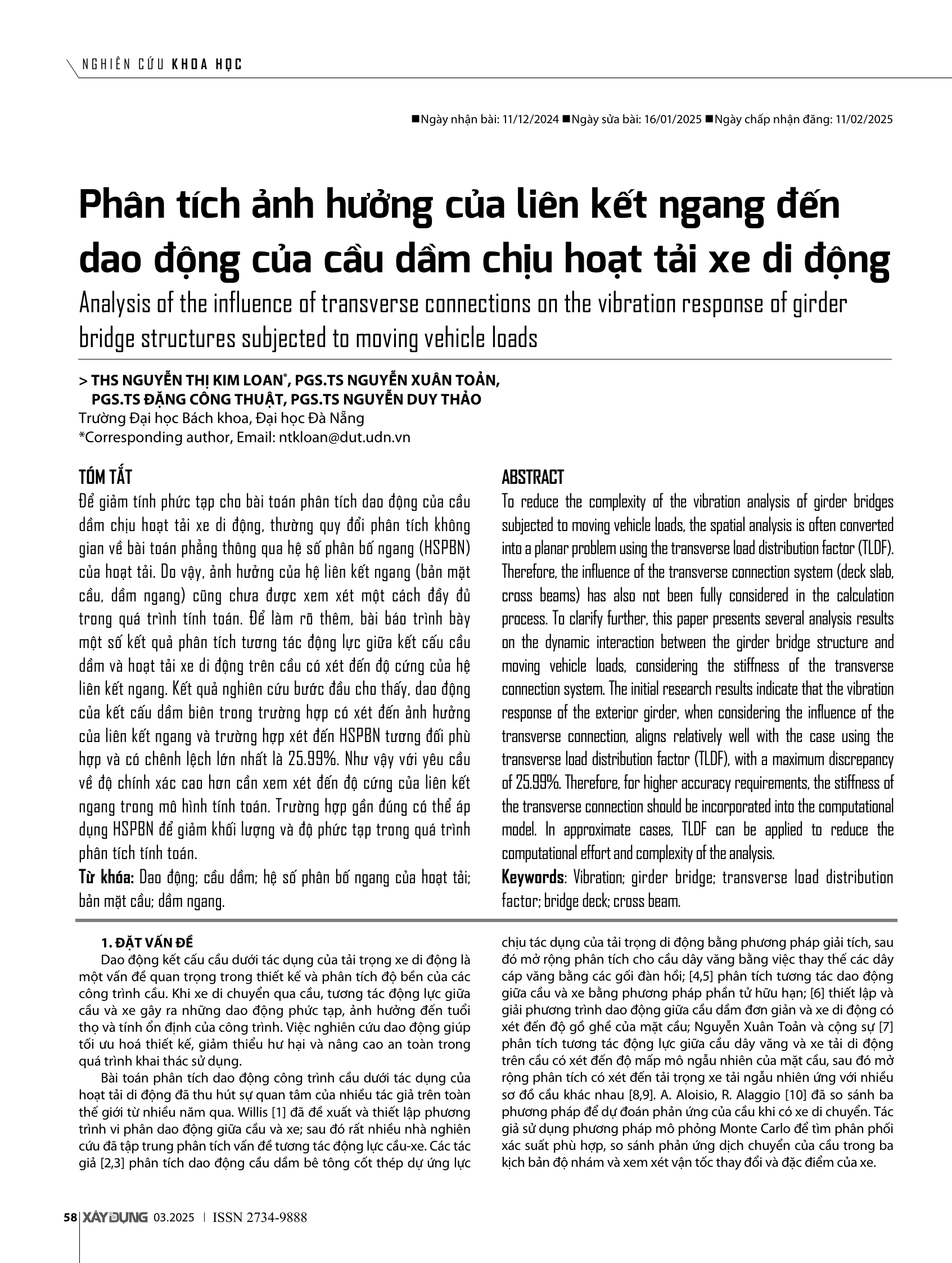 Phân tích ảnh hưởng của liên kết ngang đến dao động của cầu dầm chịu hoạt tải xe di động