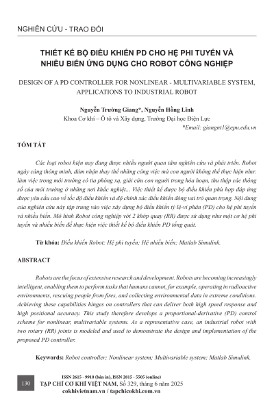 Thiết kế bộ điều khiển PD cho hệ phi tuyến và nhiều biến ứng dụng cho robot công nghiệp