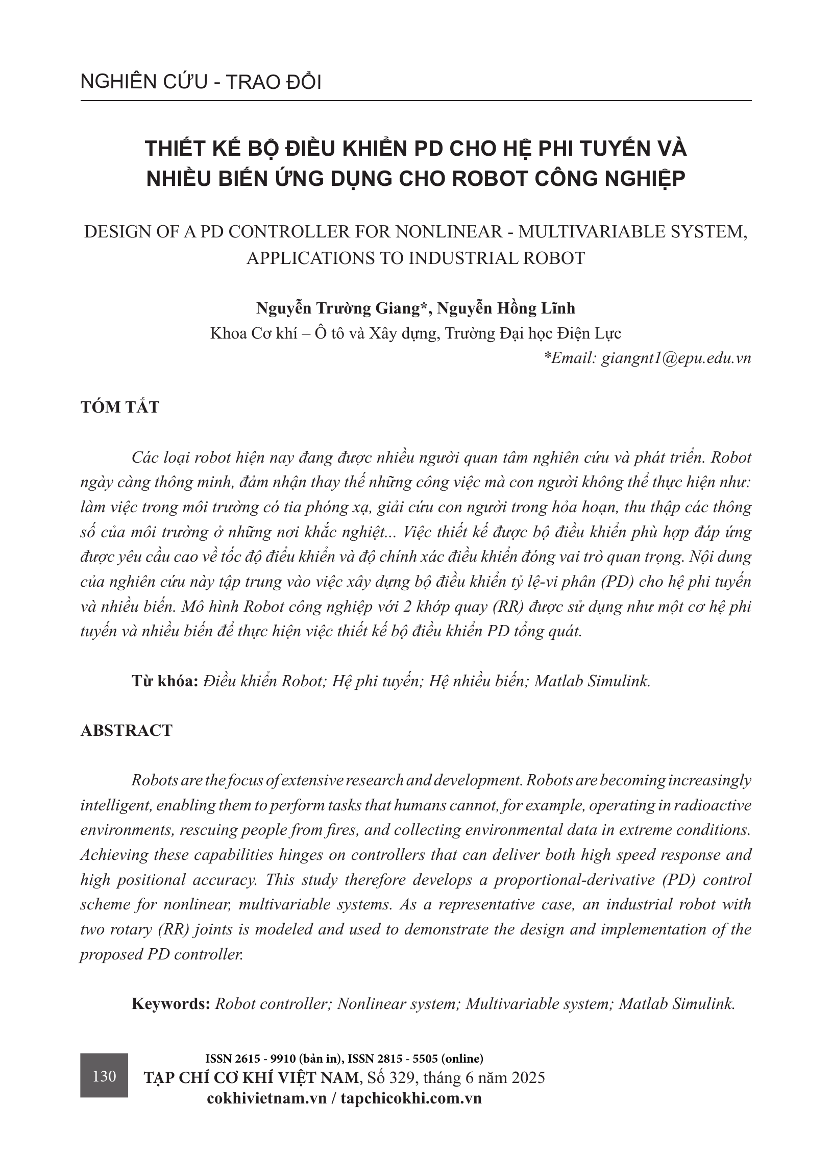 Thiết kế bộ điều khiển PD cho hệ phi tuyến và nhiều biến ứng dụng cho robot công nghiệp