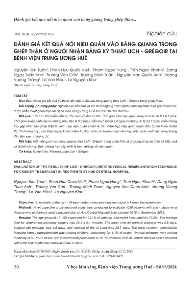 Evaluation of the results of lich - gregoir ureterovesical reimplantation technique for kidney transplant in recipients at Hue Central Hospital