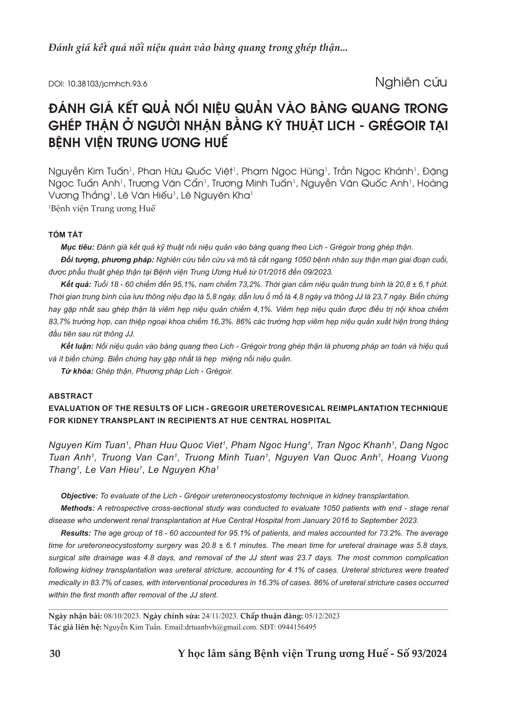 Evaluation of the results of lich - gregoir ureterovesical reimplantation technique for kidney transplant in recipients at Hue Central Hospital