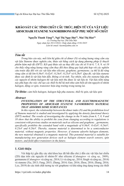 Khảo sát các tính chất cấu trúc, điện tử của vật liệu armchair stanene nanoribbons hấp phụ một số chất