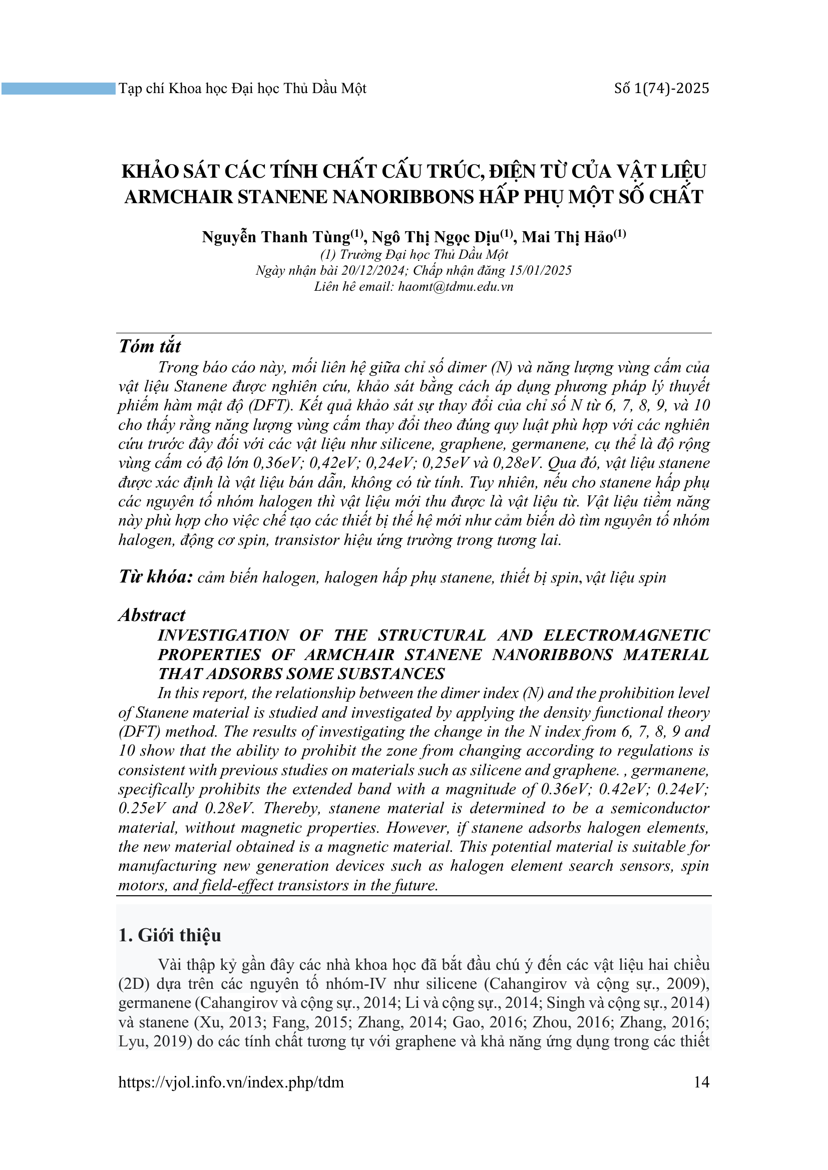 Khảo sát các tính chất cấu trúc, điện tử của vật liệu armchair stanene nanoribbons hấp phụ một số chất