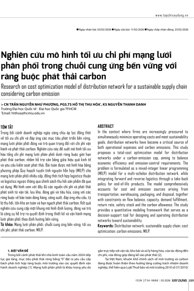 Nghiên cứu mô hình tối ưu chi phí mạng lưới phân phối trong chuỗi cung ứng bền vững với ràng buộc phát thải carbon