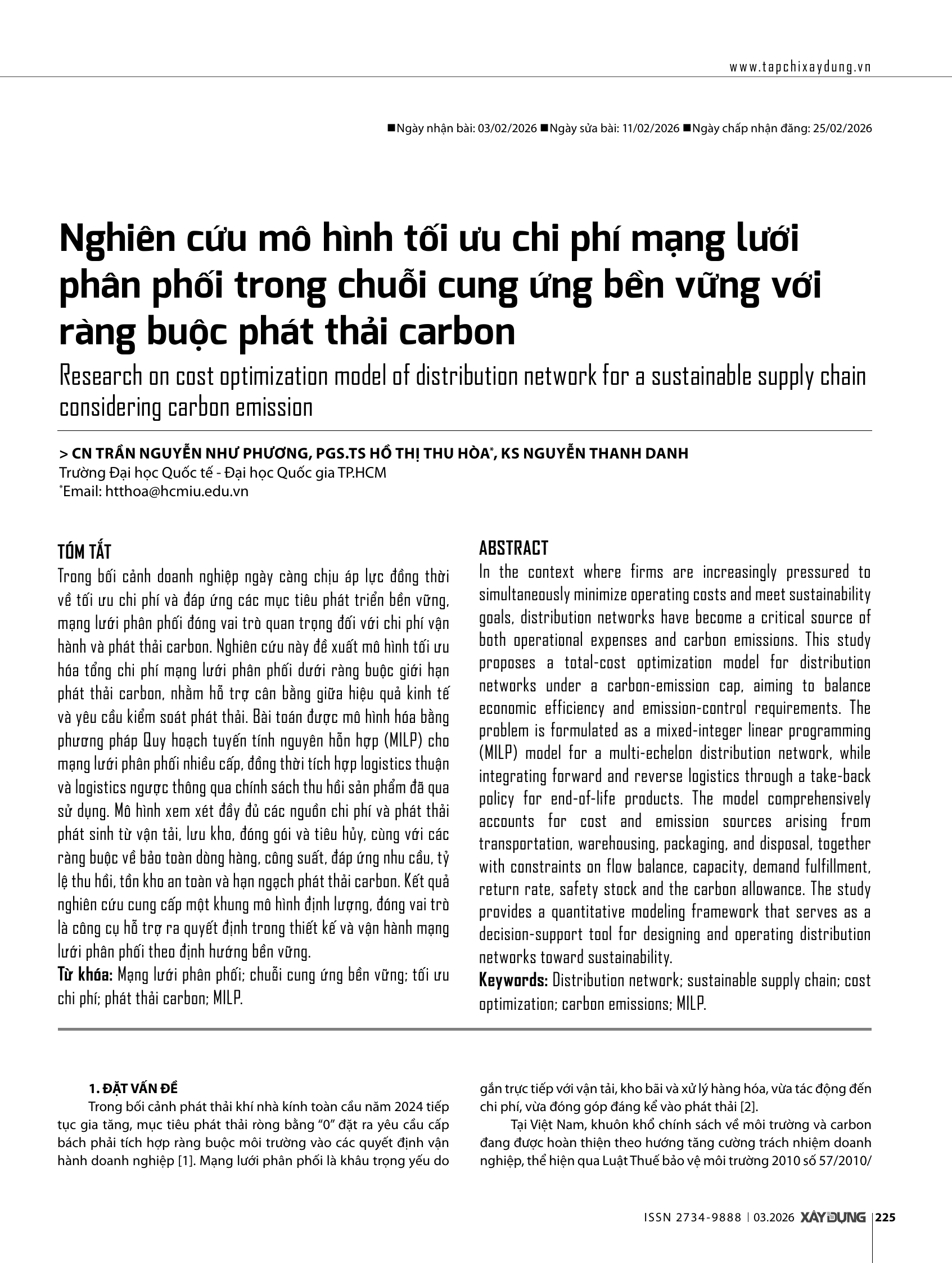 Nghiên cứu mô hình tối ưu chi phí mạng lưới phân phối trong chuỗi cung ứng bền vững với ràng buộc phát thải carbon