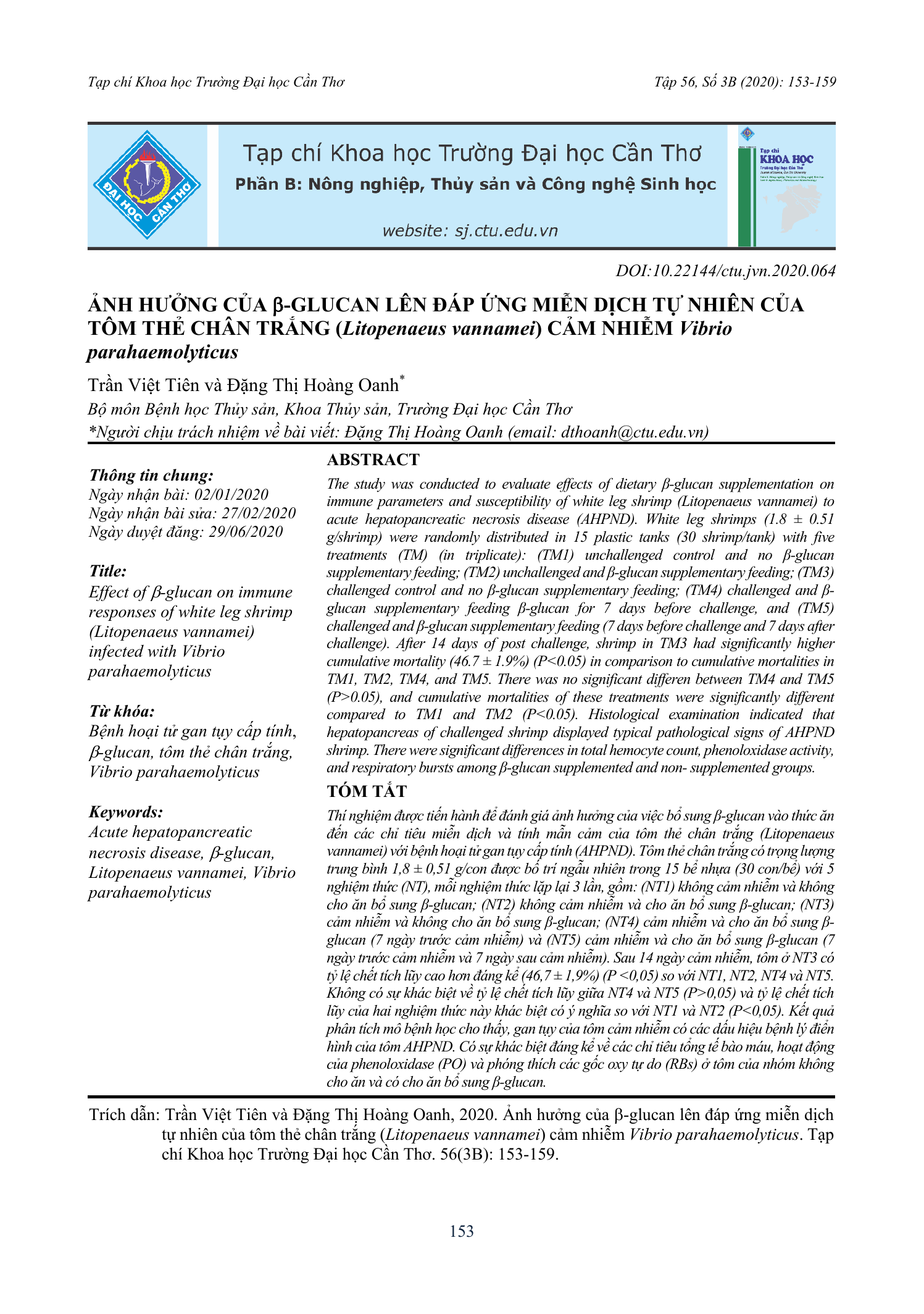 Ảnh hưởng của β-glucan lên đáp ứng miễn dịch tự nhiên của tôm thẻ chân trắng (Litopenaeus vannamei) cảm nhiễm Vibrio parahaemolyticus
