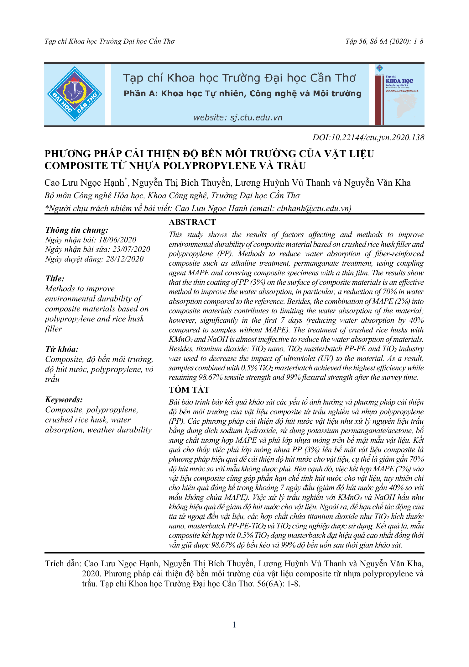 Phương pháp cải thiện độ bền môi trường của vật liệu composite từ nhựa polypropylene và trấu