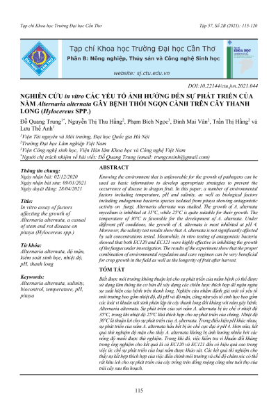 Nghiên cứu in vitro các yếu tố ảnh hưởng đến sự phát triển của nấm Alternaria alternata gây bệnh thối ngọn cành trên cây thanh long (Hylocereus spp.)