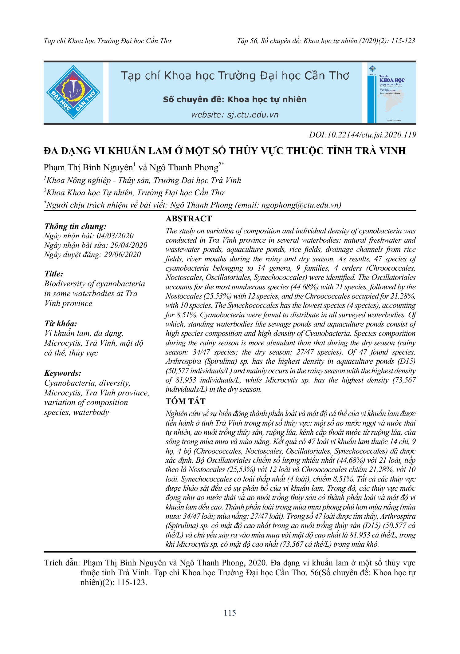 Đa dạng vi khuẩn lam ở một số thủy vực thuộc tỉnh Trà Vinh