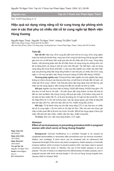Hiệu quả sử dụng vòng nâng cổ tử cung trong dự phòng sinh non ở các thai phụ có chiều dài cổ tử cung ngắn tại Bệnh viện Hùng Vương