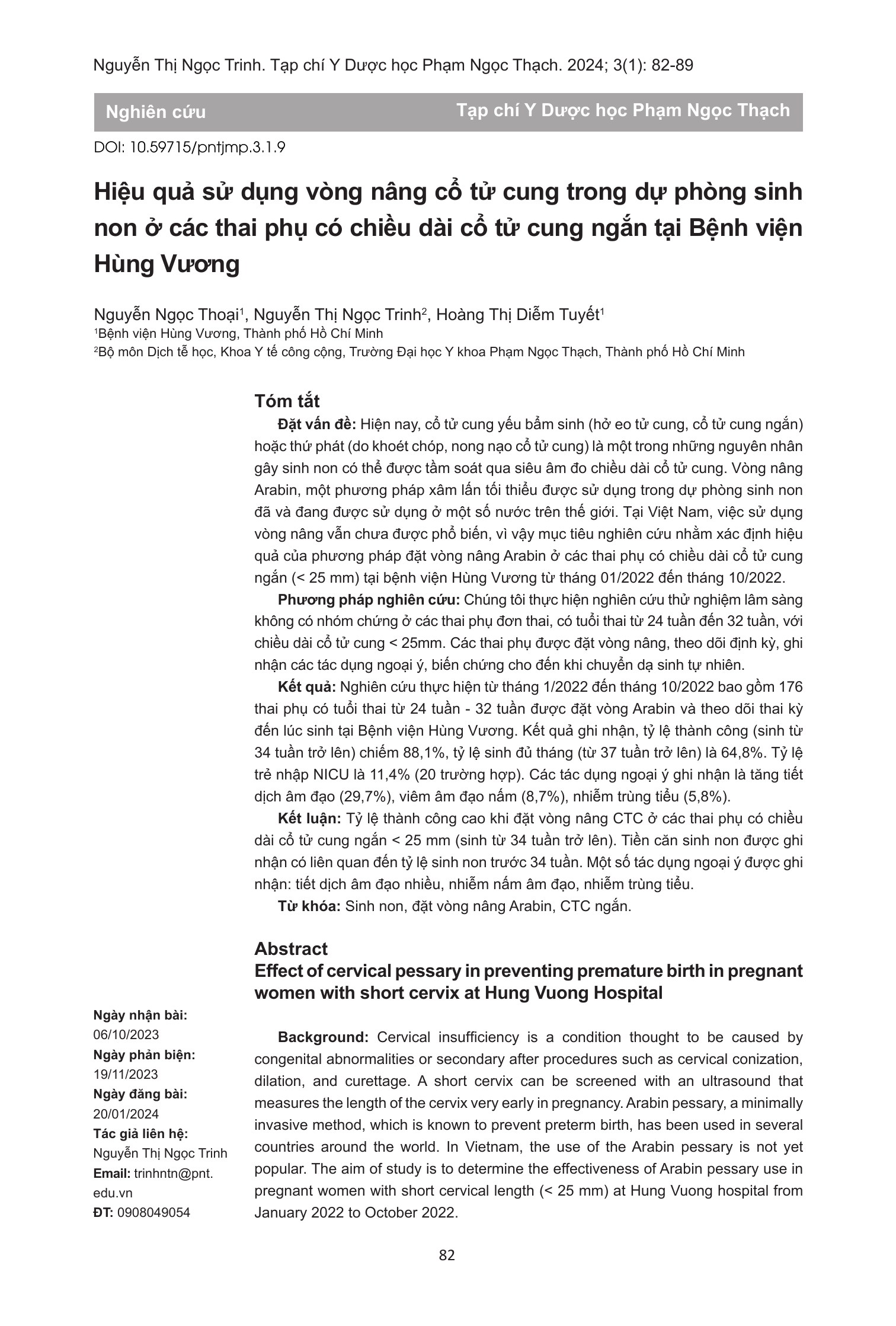 Hiệu quả sử dụng vòng nâng cổ tử cung trong dự phòng sinh non ở các thai phụ có chiều dài cổ tử cung ngắn tại Bệnh viện Hùng Vương