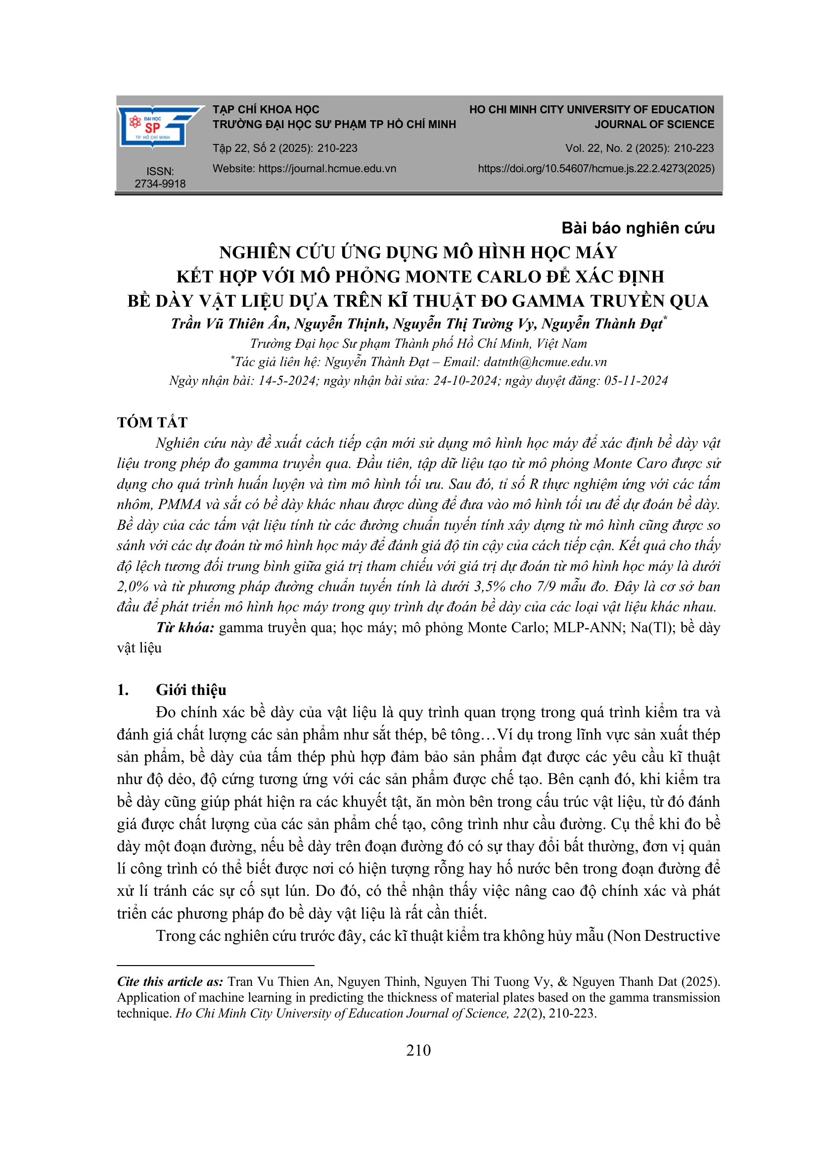 Nghiên cứu ứng dụng mô hình học máy kết hợp với mô phỏng Monte Carlo để xác định bề dày vật liệu dựa trên kĩ thuật đo gamma truyền qua
