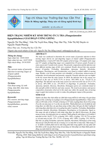 Hiện trạng nhiễm ký sinh trùng ở cá tra (Pangasianodon hypophthalmus) giai đoạn ương giống
