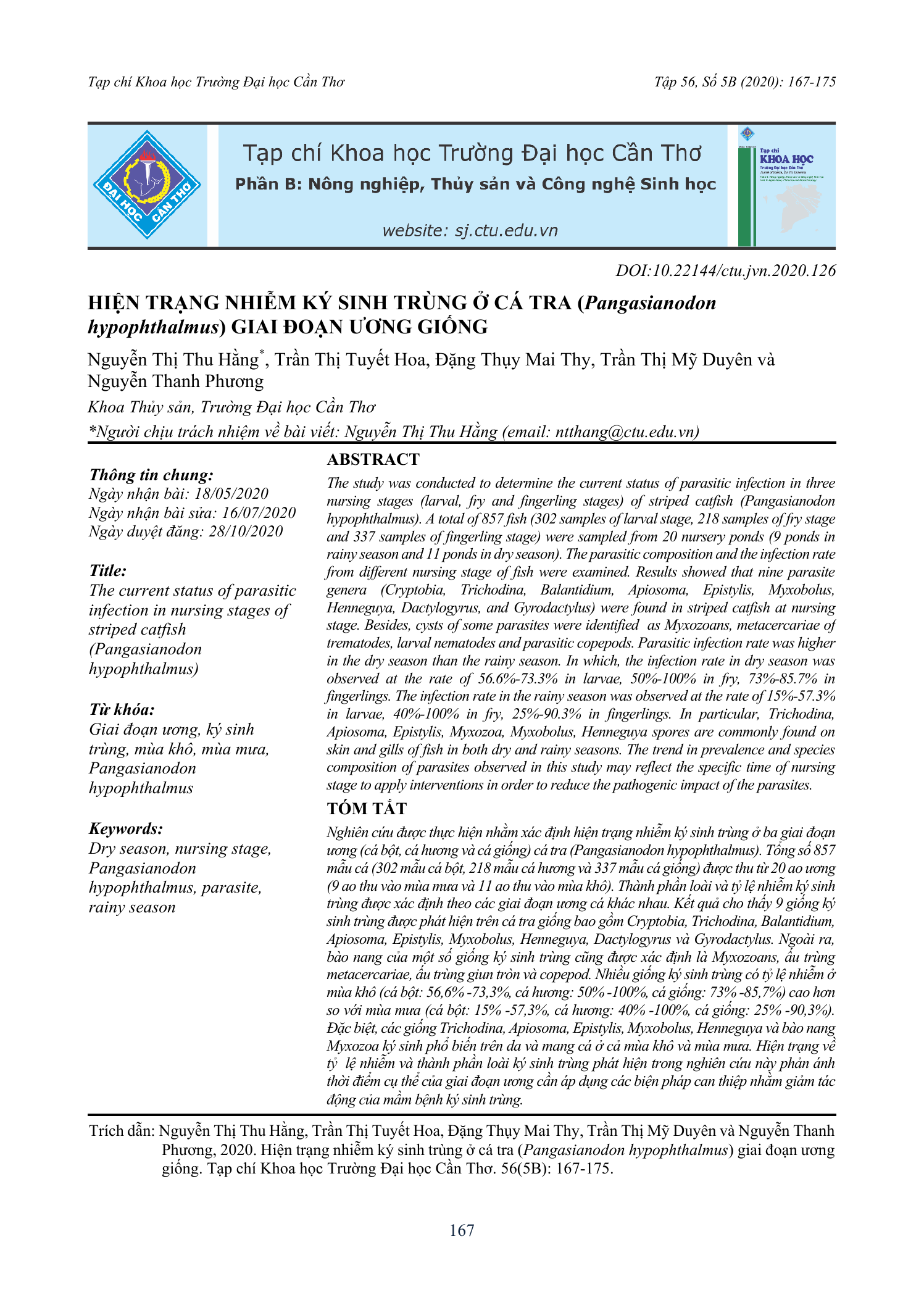 Hiện trạng nhiễm ký sinh trùng ở cá tra (Pangasianodon hypophthalmus) giai đoạn ương giống