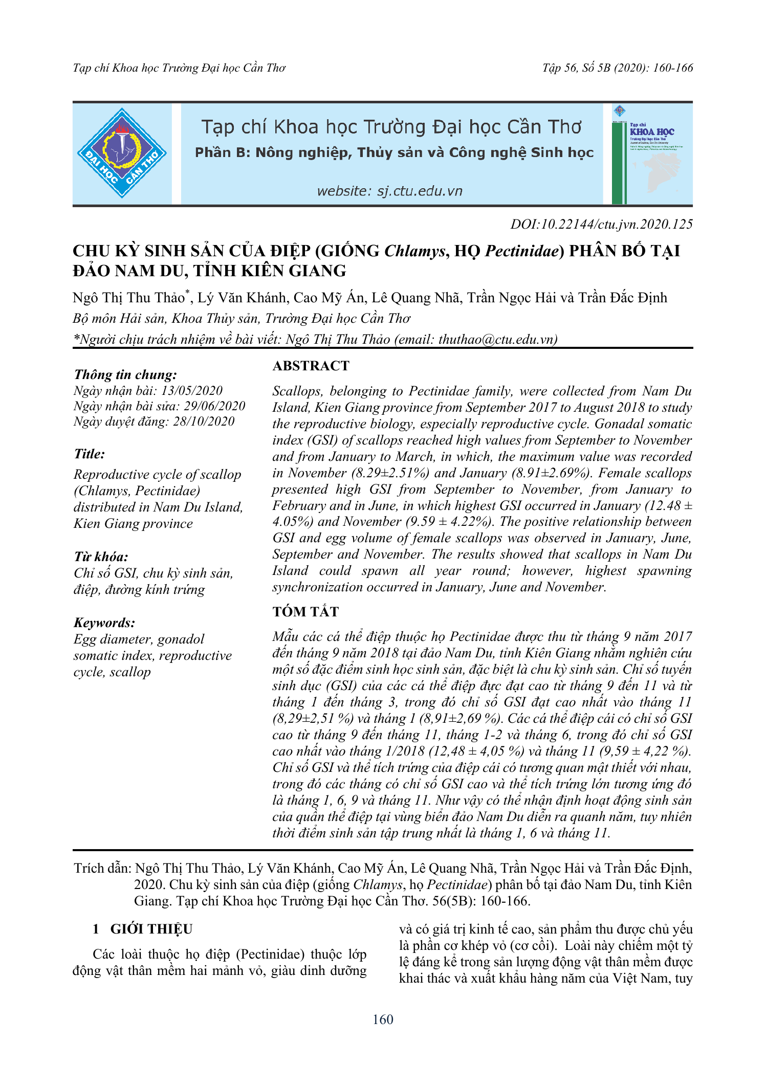 Chu kỳ sinh sản của điệp (giống Chlamys, họ Pectinidae) phân bố tại đảo Nam Du, tỉnh Kiên Giang