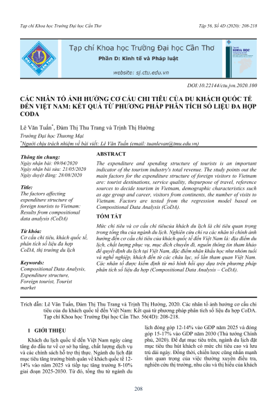 Các nhân tố ảnh hưởng cơ cấu chi tiêu của du khách quốc tế đến Việt Nam: Kết quả từ phương pháp phân tích số liệu đa hợp CoDA