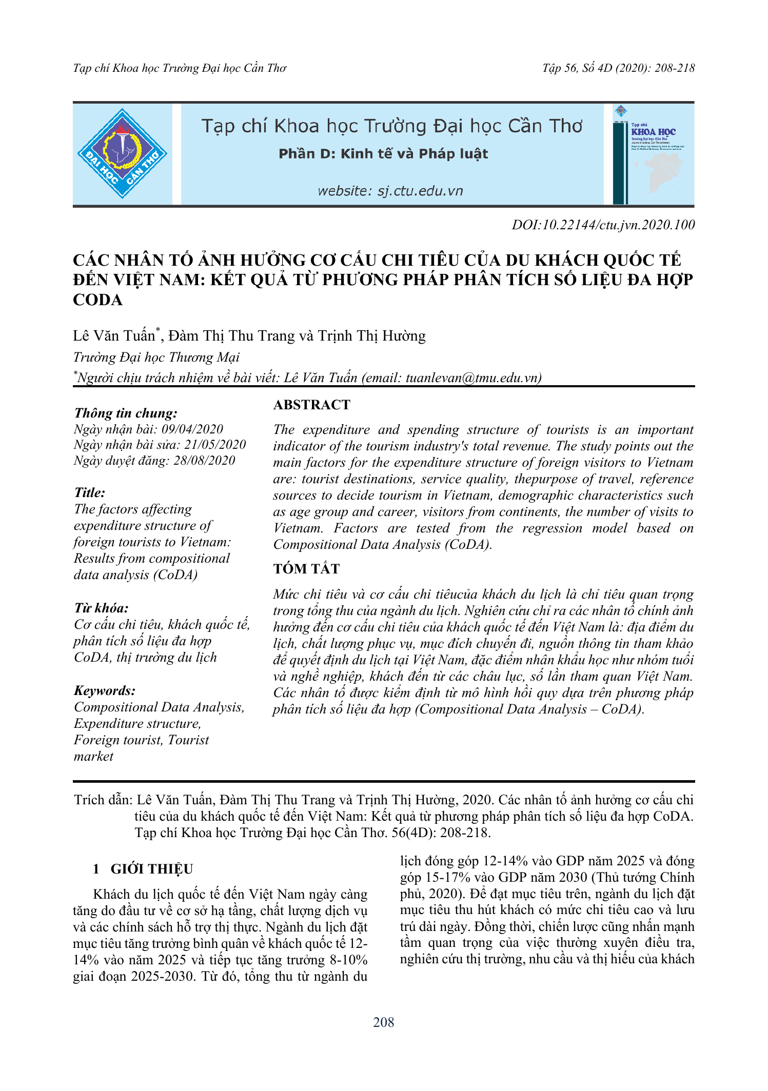 Các nhân tố ảnh hưởng cơ cấu chi tiêu của du khách quốc tế đến Việt Nam: Kết quả từ phương pháp phân tích số liệu đa hợp CoDA