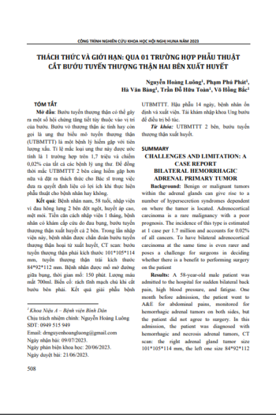 Thách thức và giới hạn: Qua 01 trường hợp phẫu thuật cắt bướu tuyến thượng thận hai bên xuất huyết