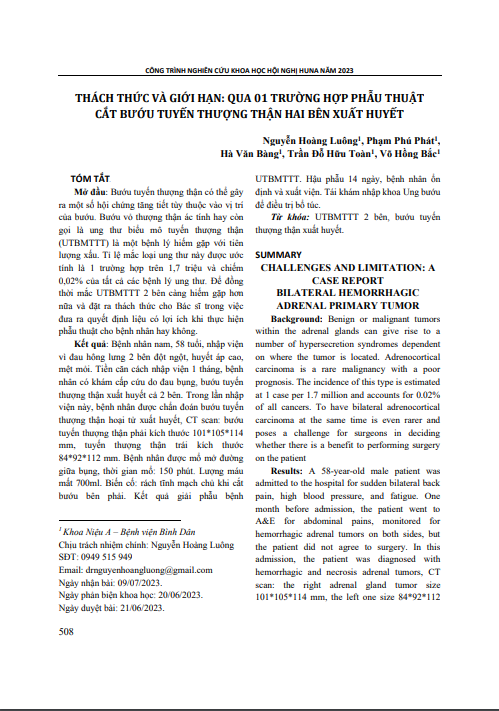 Thách thức và giới hạn: Qua 01 trường hợp phẫu thuật cắt bướu tuyến thượng thận hai bên xuất huyết