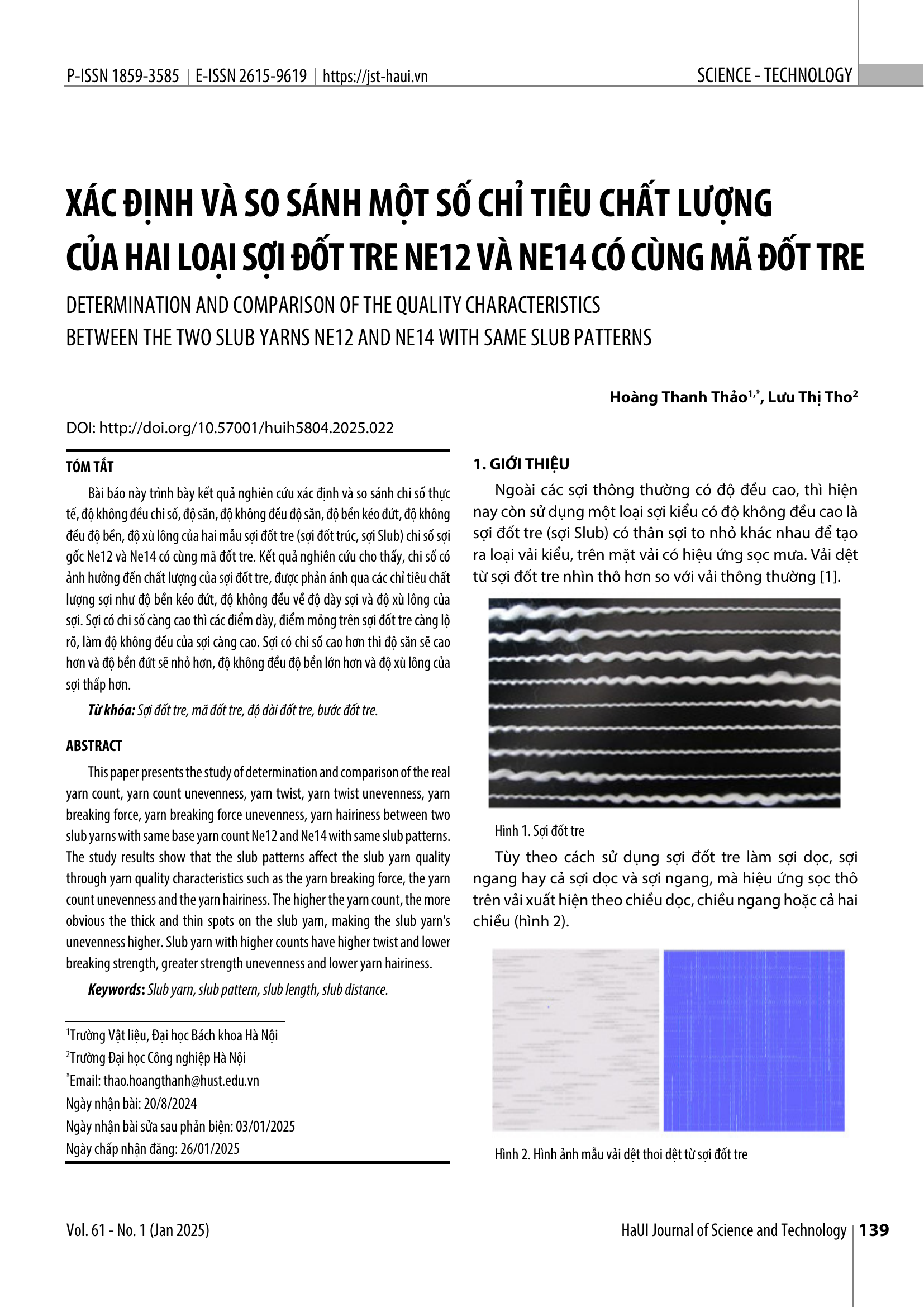 Xác định và so sánh một số chỉ tiêu chất lượng của hai loại sợi đốt tre Ne12 và Ne14 có cùng mã đốt tre