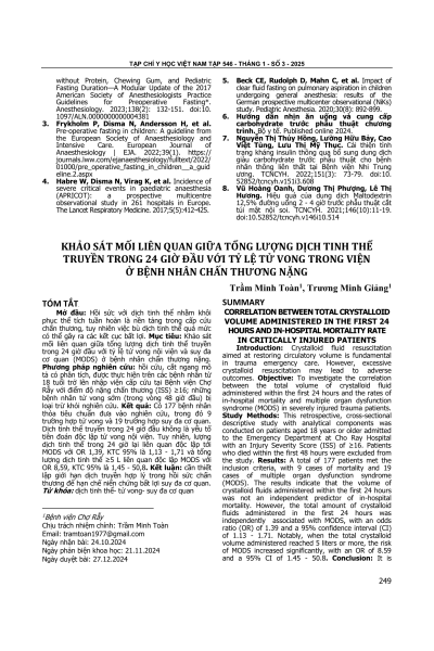 Khảo sát mối liên quan giữa tổng lượng dịch tinh thể truyền trong 24 giờ đầu với tỷ lệ tử vong trong viện ở bệnh nhân chấn thương nặng