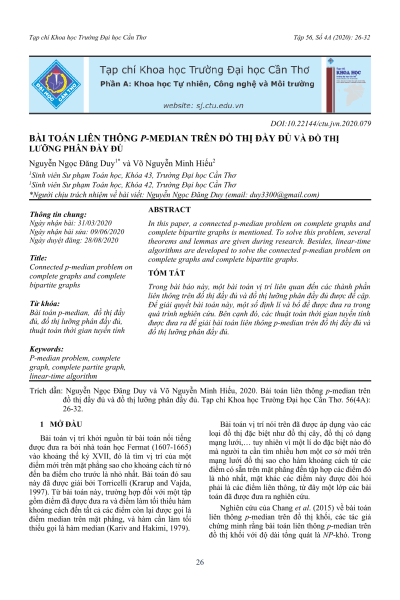 Bài toán liên thông p-median trên đồ thị đầy đủ và đồ thị lưỡng phân đầy đủ