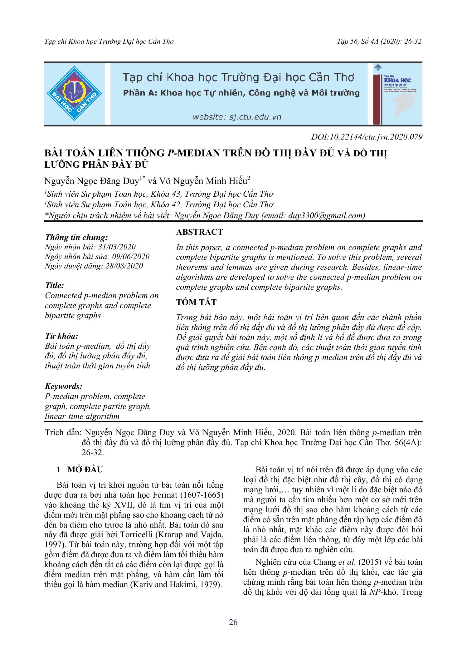 Bài toán liên thông p-median trên đồ thị đầy đủ và đồ thị lưỡng phân đầy đủ