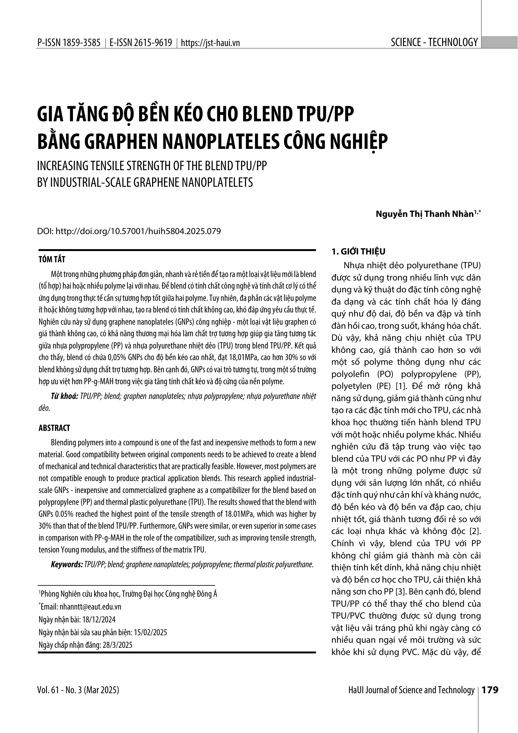 Gia tăng độ bền kéo cho blend TPU/PP bằng graphen nanoplatelets công nghiệp