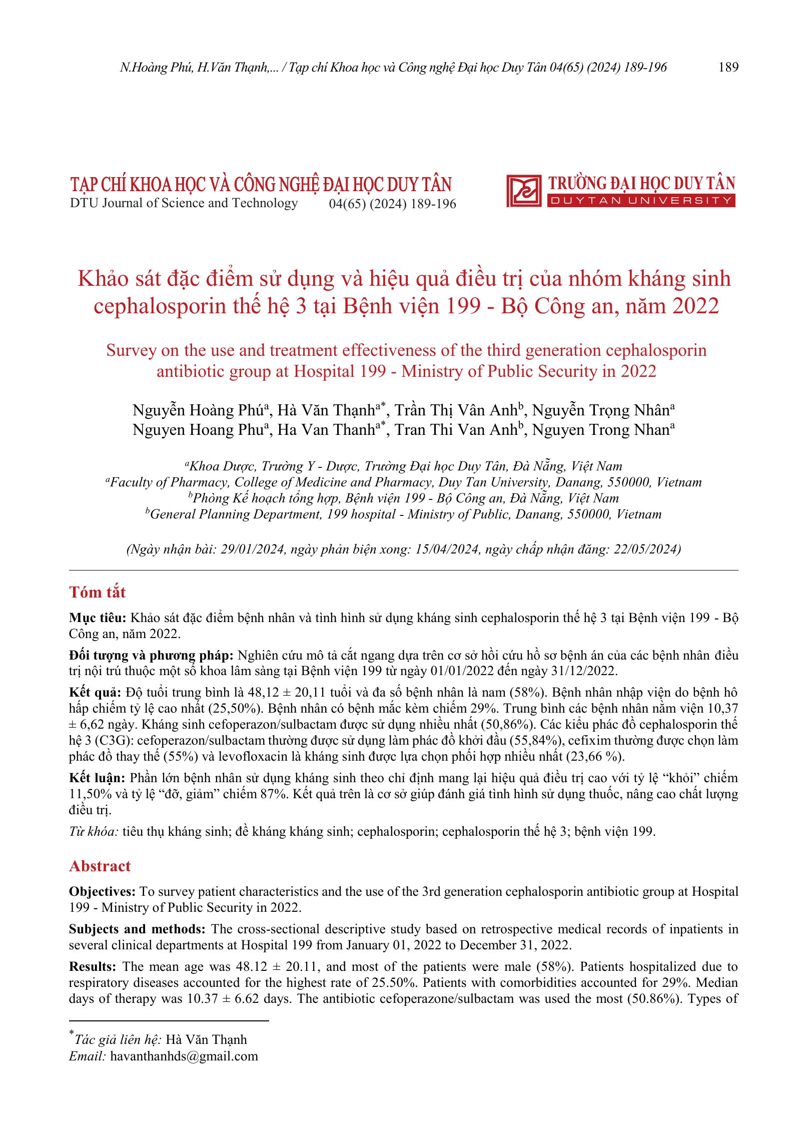 Khảo sát đặc điểm sử dụng và hiệu quả điều trị của nhóm kháng sinh cephalosporin thế hệ 3 tại Bệnh viện 199 - Bộ Công an, năm 2022