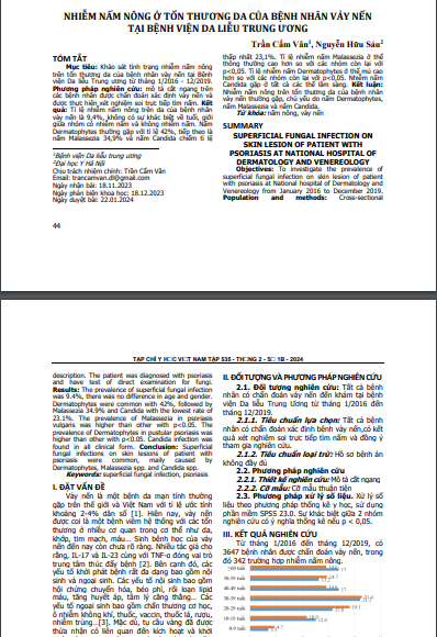 Nhiễm nấm nông ở tổn thương da của bệnh nhân vảy nến tại Bệnh viện Da liễu Trung ương