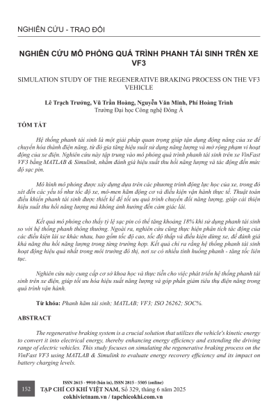 Nghiên cứu mô phỏng quá trình phanh tái sinh trên xe VF3
