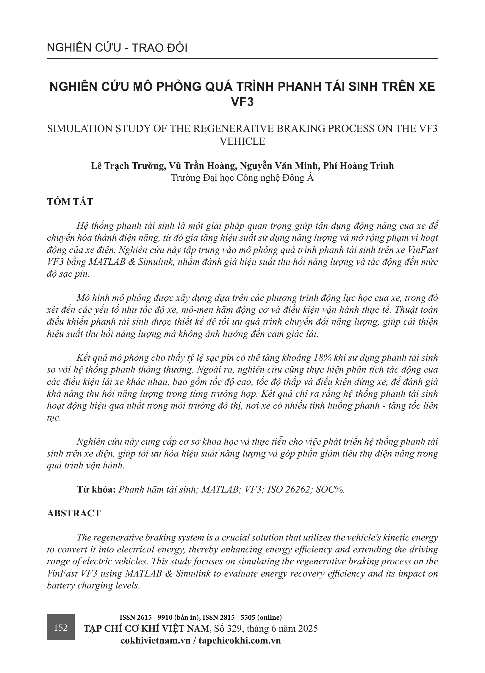 Nghiên cứu mô phỏng quá trình phanh tái sinh trên xe VF3