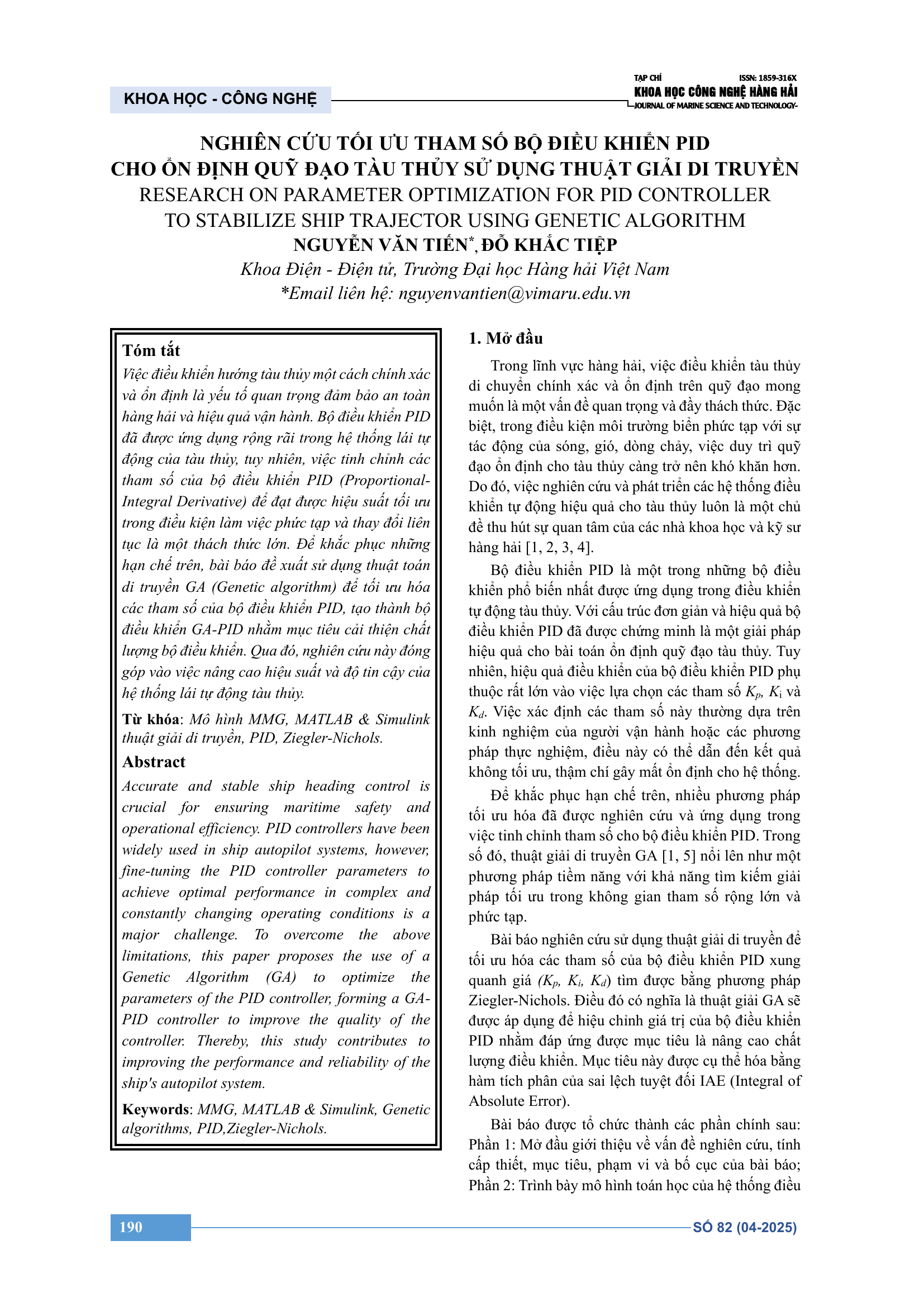 Nghiên cứu tối ưu tham số bộ điều khiển PID cho ổn định quỹ đạo tàu thủy sử dụng thuật giải di truyền