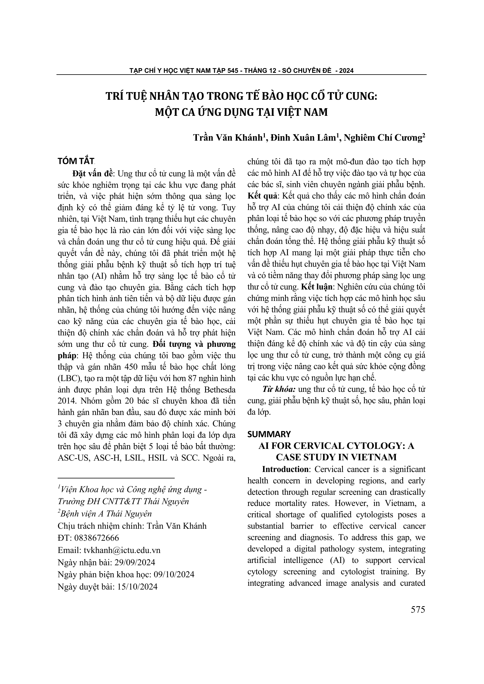 Trí tuệ nhân tạo trong tế bào học cổ tử cung: một ca ứng dụng tại Việt Nam