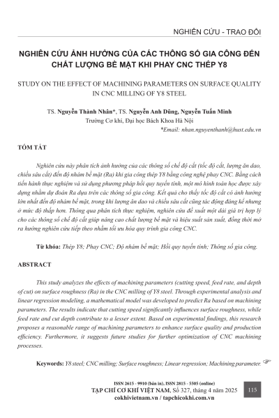 Nghiên cứu ảnh hưởng của các thông số gia công đến chất lượng bề mặt khi phay CNC thép Y8