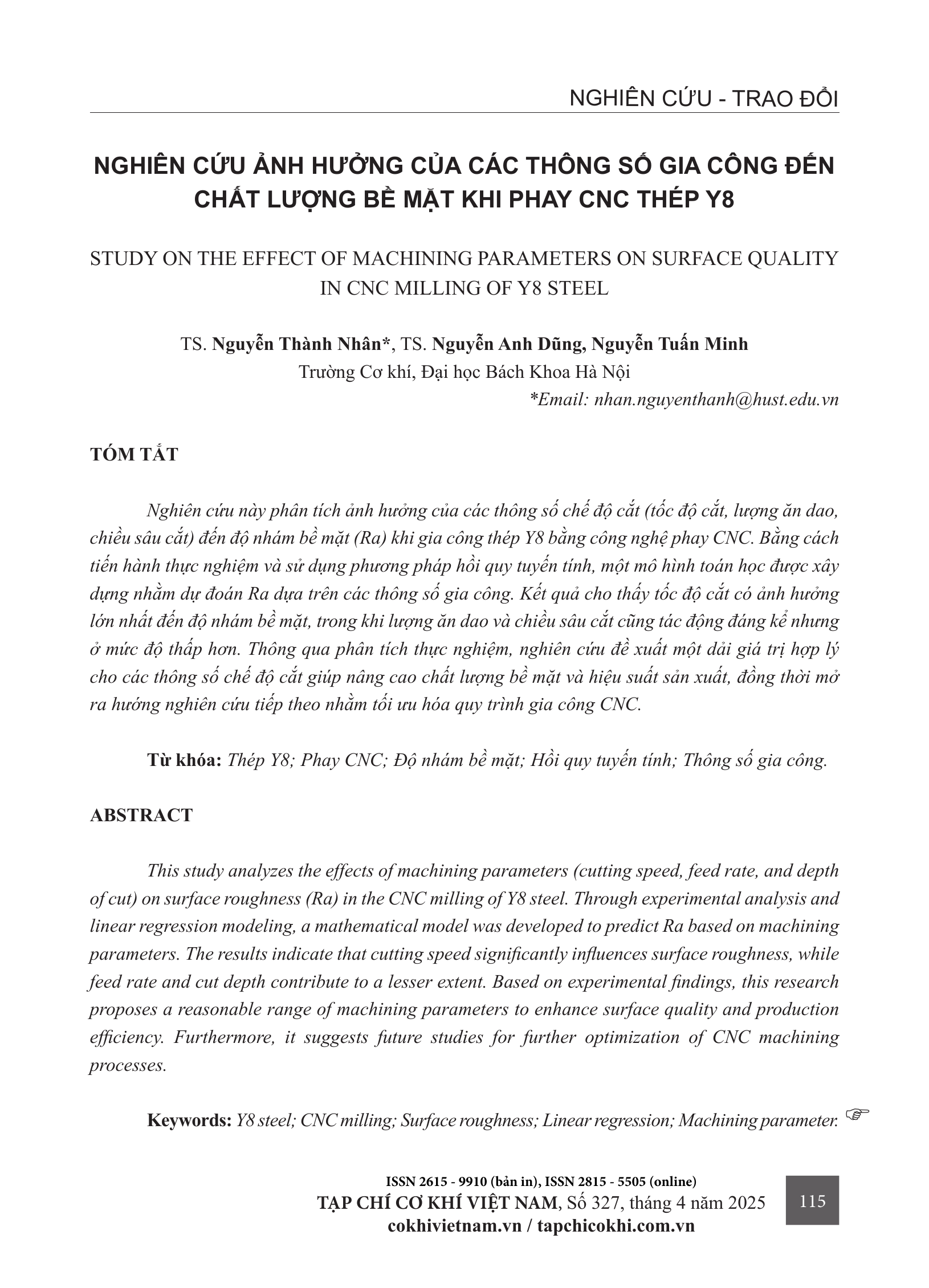 Nghiên cứu ảnh hưởng của các thông số gia công đến chất lượng bề mặt khi phay CNC thép Y8