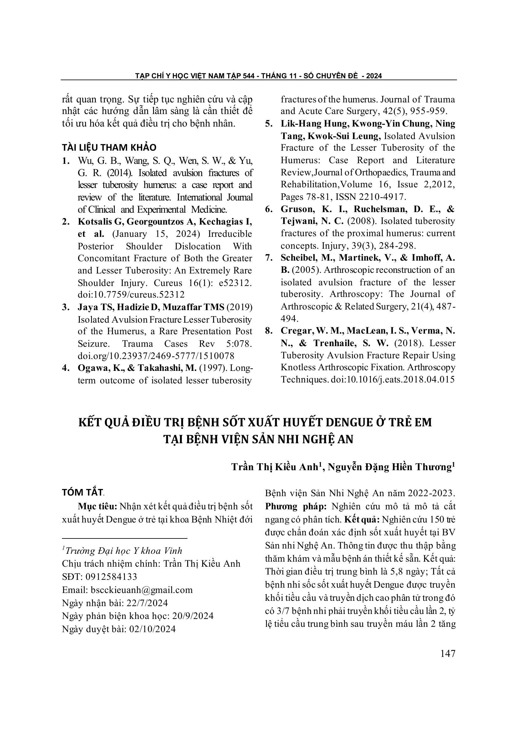 Kết quả điều trị bệnh sốt xuất huyết Dengue ở trẻ em tại Bệnh viện Sản Nhi Nghệ An