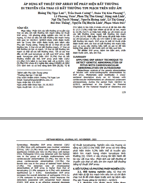 Áp dụng kỹ thuật SNP Array để phát hiện bất thường di truyền của thai có bất thường tim mạch trên siêu âm