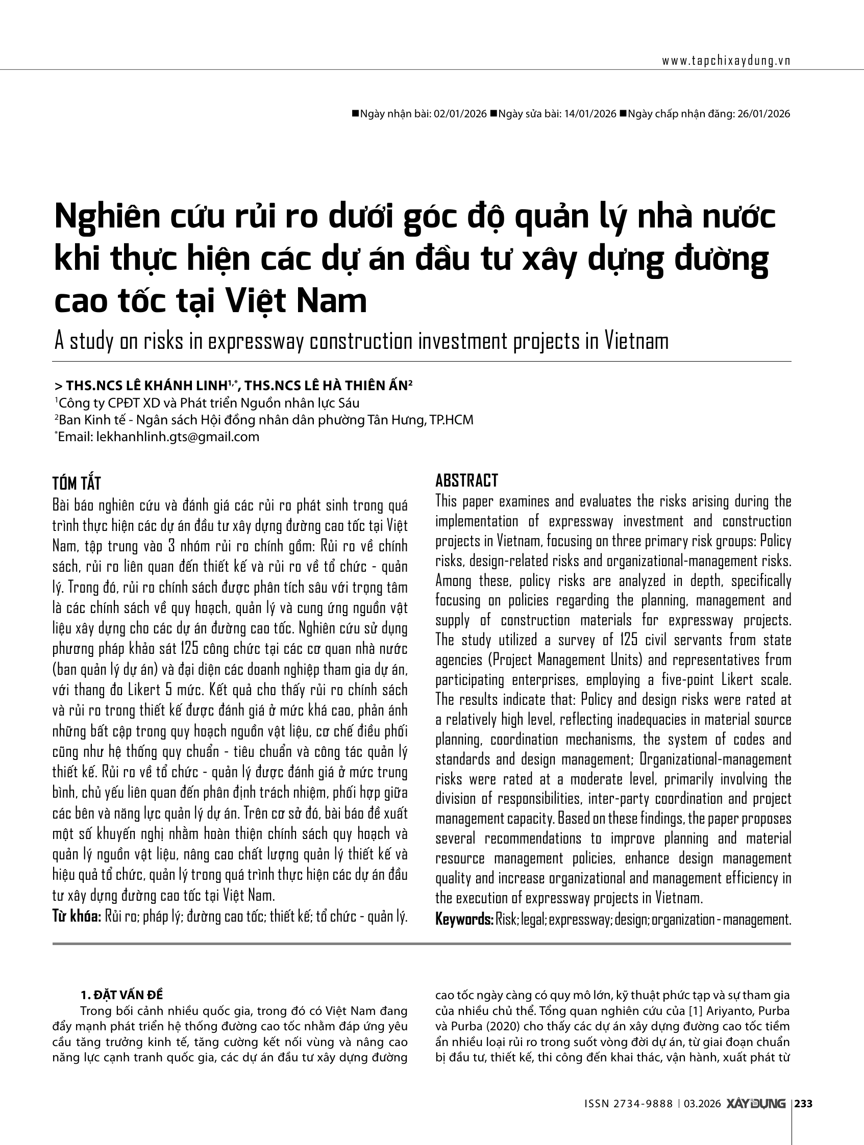Nghiên cứu rủi ro dưới góc độ quản lý nhà nước khi thực hiện các dự án đầu tư xây dựng đường cao tốc tại Việt Nam