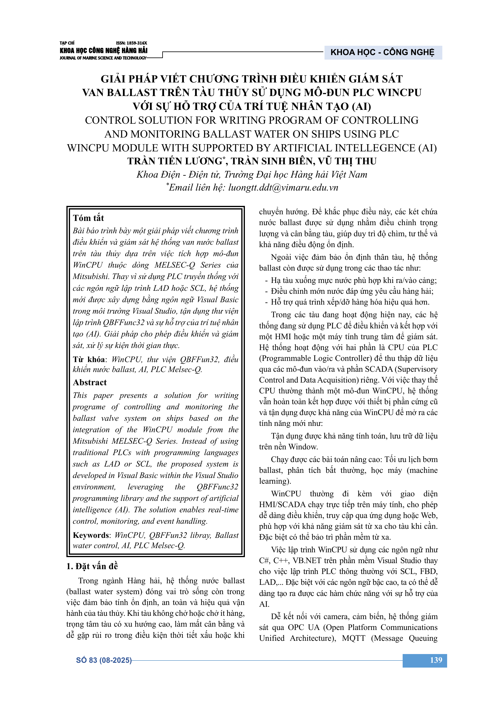 Giải pháp viết chương trình điều khiển giám sát van ballast trên tàu thủy sử dụng mô-đun PLC WinCPU với sự hỗ trợ của trí tuệ nhân tạo (AI)