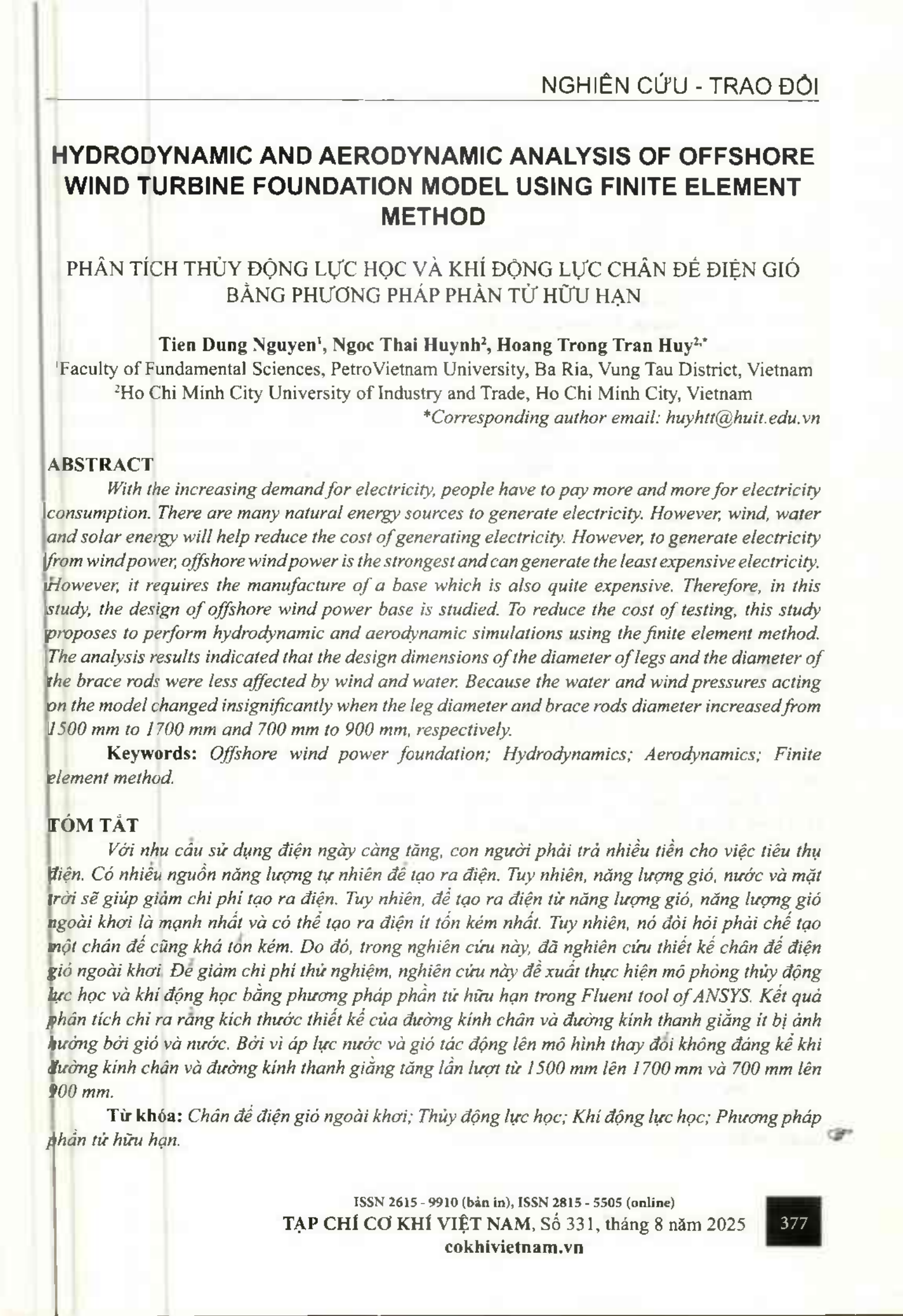 Phân tích thủy động lực học và khí động lực chân đế điện gió bằng phương pháp phần tử hữu hạn