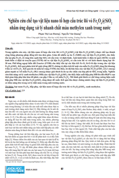 Nghiên cứu chế tạo vật liệu nano tổ hợp cấu trúc lõi vỏ Fe3O4@SiO2 nhằm ứng dụng xử lý nhanh chất màu methylen xanh trong nước
