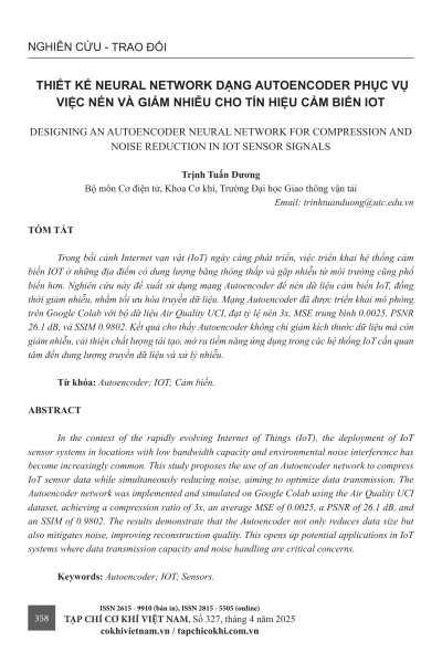 Thiết kế neural network dạng autoencoder phục vụ việc nén và giảm nhiễu cho tín hiệu cảm biến IoT