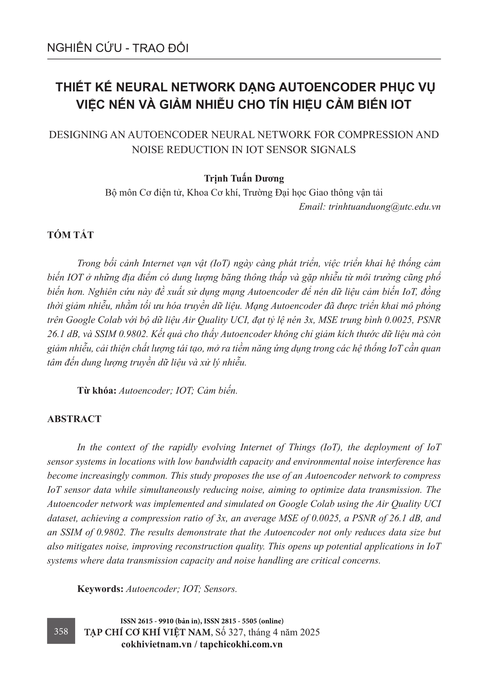 Thiết kế neural network dạng autoencoder phục vụ việc nén và giảm nhiễu cho tín hiệu cảm biến IoT
