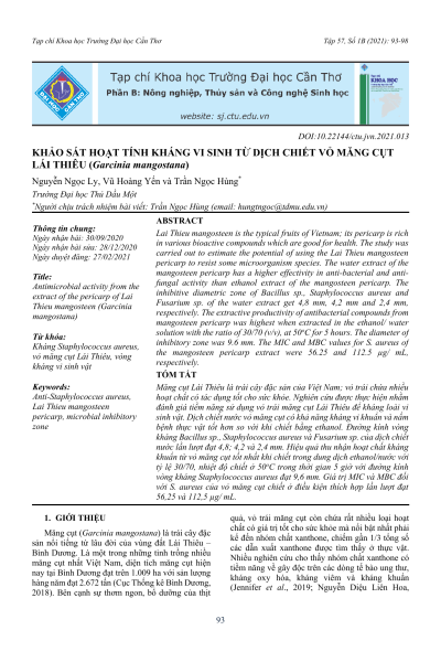 Khảo sát hoạt tính kháng vi sinh từ dịch chiết vỏ măng cụt Lái Thiêu (Garcinia mangostana)